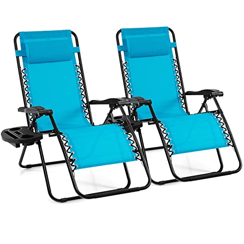 Image of GIANTEX 2 PCS Zero Gravity Chair, Outdoor Chaise Lounge with Cup Holder, Patio Folding Chairs Recliner for Yard Pool Lawn Balcony, Blue