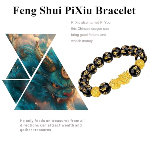 Image of Feng Shui Pixiu Bracelet, Black Obsidian Beaded Bracelet for Men Women