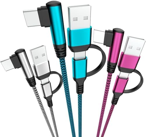 QQLIKE Cable USB C, 60 W, 90°, ángulo recto, tipo C, cargador de carga rápida [3 unidades, 6 pies] 2 en 1 multi USB A/C a USB-C cable para iPhone 15 Pro Max iPad Pro AIR/Mini 6 MacBook Galaxy S23/S22