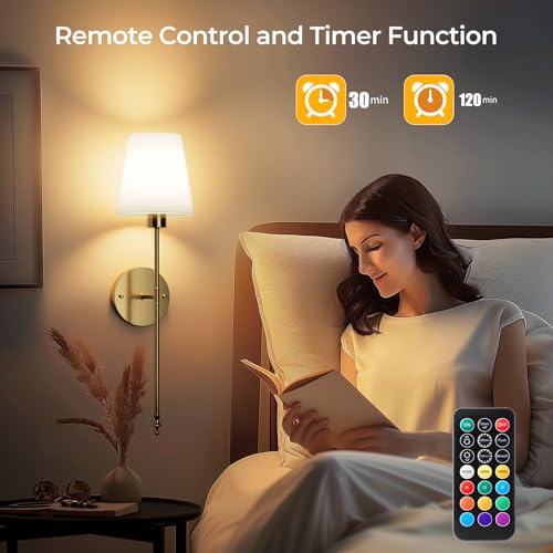 Brightown Battery Operated Wall Sconces Set of 2, Cordless Wall Lights with Rechargeable Bulbs and Remote, 12 Lighting Colors and Dimmable, Battery Powered Wall Lights for Bedroom Living Room, Gold