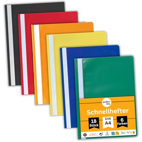 perfect line - 18 Schnellhefter (PP) DIN-A4 6 Farben recycelbarer Kunststoff (PP) mit Beschriftungsstreifen kaufmännischer Heftung dokumentenecht säurefrei (Intensiv - 6 Farben)