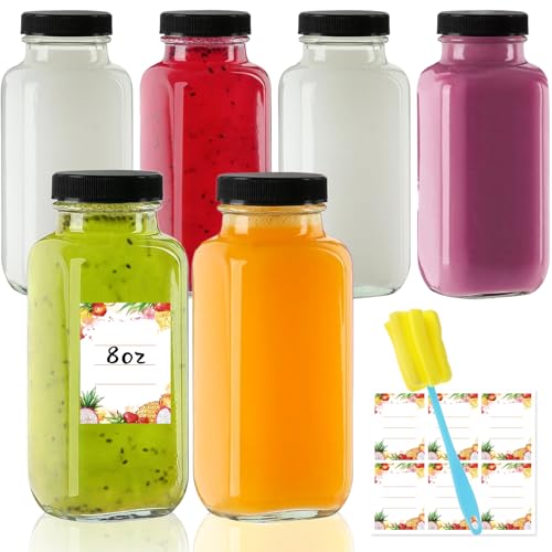 Yokodaza 8 oz Glass Juice Bottles with Lids 6-Pack - Reusable Small Juice Drinking Jars for Green Juices Shots & Smoothies