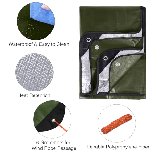 REDCAMP Isolierte Wärmedecke mit 4 Windseilen, 210x150cm Verdickter Wiederverwendbare Allwetter-Decke, wasserdicht & Winddicht für Camping Wandern Outdoor-Aktivitäten, Grün