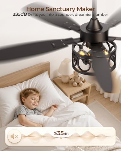 Image of Ceiling Fans with Lights and Remote, 42'' Vintage Caged Ceiling Fan with Light, 5 Blades, 6+1 Speed, Flush Mount Ceiling Fan Whisper-quiet for Farmhouse, Living Room, Kitchen and Porch (42 Inch)