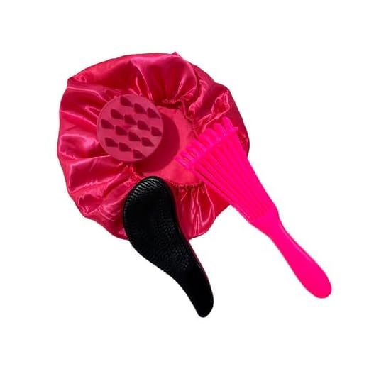 Kit Escova Polvo 3 Peças, Escova Mágica com Massageador Capilar e Touca de Cetim, Cores Sortidas, para Cabelos Cacheados e Crespos (Pink)