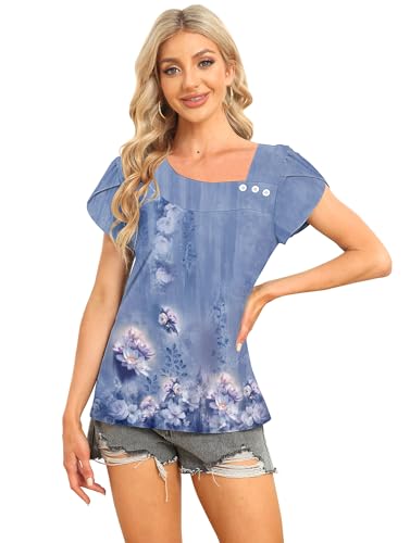 Image of Womens Petal Sleeve Tops Summer Trendy T Shirt Casual Loose Square Neck Button Blouse Tees