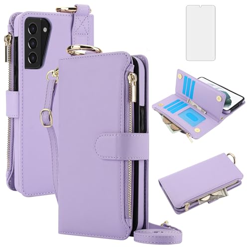Coque portefeuille Samsung S21+ 5G Asuwish avec fermeture éclair et sangle cartes