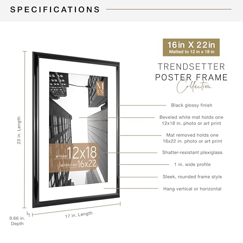 Image of MCS Trendsetter Poster Frame With Mat Option, 16x22 Matted to 12x18, Black | Trendsetter Poster Frame For Photos, 16x22 Inch, Displays 12x18 Inch Matted Or 16x22 Unmatted, Black, 1-Pack