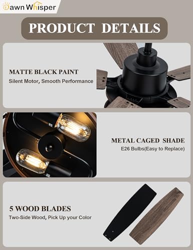 Image of Dawn Whisper Farmhouse Ceiling Fans with Lights 52 Inch Black Caged Rustic Ceiling Fan for Bedroom Living Room and Patio Reversible Quiet DC Motor 6 Speeds