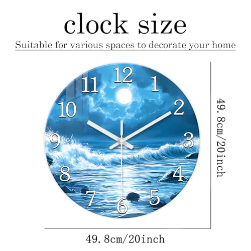 Image of XFM Large Blue Moon Wall Clock 20 Inch Beach Theme | Silent Non Ticking Ocean Wave Round Analog Modern Nature Decorative for Living Room Kitchen Bedroom Decor