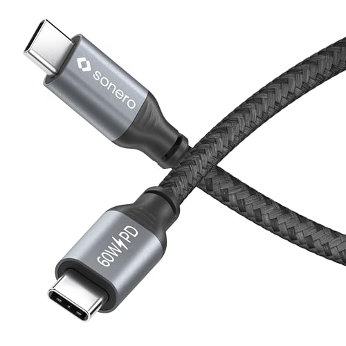 Sonero Cable de carga USB-C a USB-C, cable de carga para teléfono móvil, cable de carga rápida USB C, cable USB tipo C, USB 2.0, 60W PD, gris/negro, 0,50 m