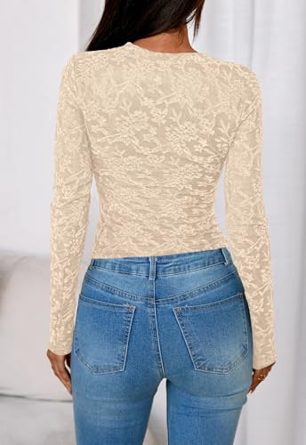 PRETTYGARDEN Women's 2025 Fall Long Sleeve Lace T Shirts Crewneck Silm Fit Embroidered Fashion Mesh Tops Shirts2