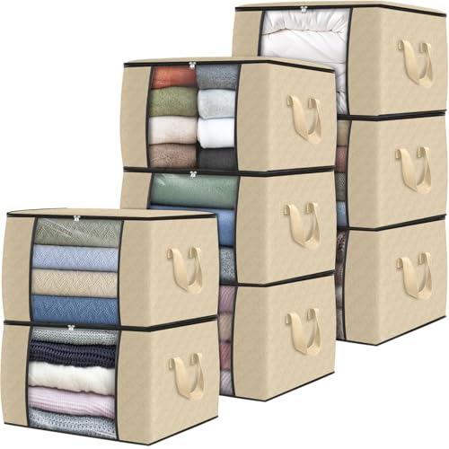 Image of Fab totes 8 Pack Clothes Storage, Foldable Thick Fabric Blanket Storage Bags, Containers for Organizing Bedroom, Closet, Clothing, Comforter, Organization with Handle,Beige