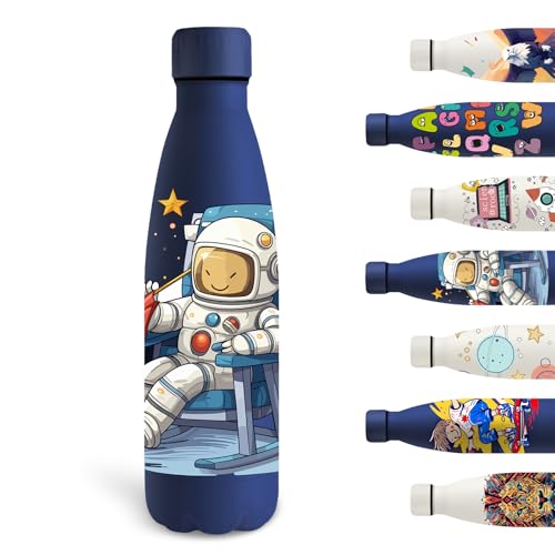 Grsta Botella de Agua Acero Inoxidable 500ml, Térmica Personalizada a Prueba de Fugas, Sin BPA para Niños, Cantimplora Escuela, Oficina, Viaje, Astronauta