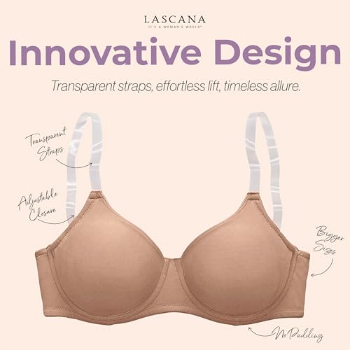 LASCANA Women's Clear Strap Underwire T-Shirt Bra with no Padding, Adjustable Straps, Extra Underwire Support, B - DD Cup