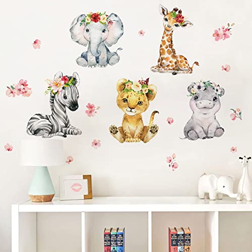 Mfault Girls Safari Jungle Baby Animals Wall Decals Stickers, African Elephant Zebra Giraffe Seahorse Lion Kids Room Nursery Decor, Watercolor Flower Decorations Toddler Bedroom Playroom Art Gift #TOP4