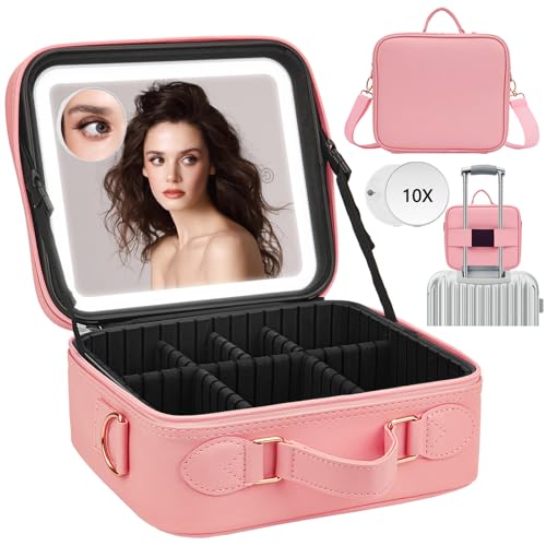 ViKert Bolsa de maquiagem de viagem com espelho iluminado, estojo de viagem de maquiagem com divisórias ajustáveis, estojo de trem de maquiagem à prova d'água, estojo de maquiagem iluminado com espelho destacável, Rosa 1