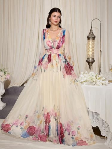 Image of TOLEEN Summer Casual Dresses for Women 2026 Spring Fashion Boho V Neck Long Sleeve Ruffle Floral Print Elegant Maxi Dress
