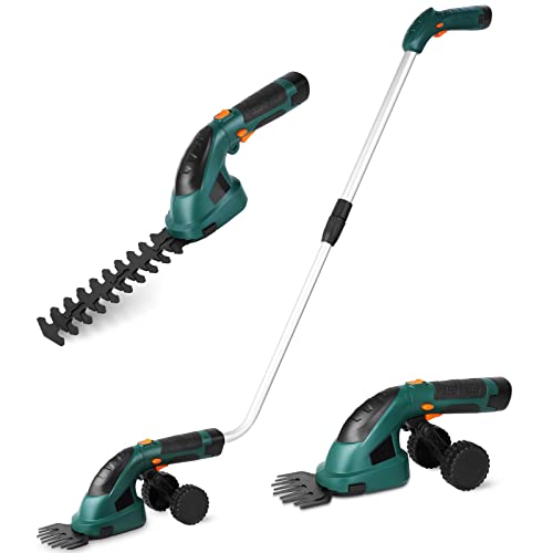 Coupe Bordure sans Fil, Cisaille à Gazon avec Batterie 7.2V et Chargeur, Taille Haies sans Fil, Tondeuse à Gazon, Manche Long Télescopique Détachable, 2 Types de Lames, pour Couper Gazon/Buisson/Haie