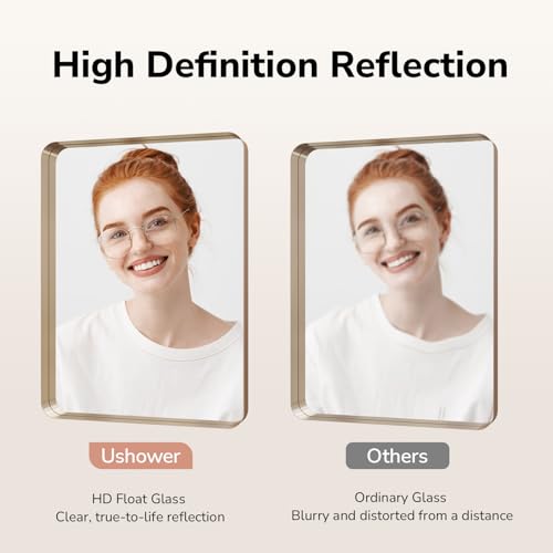 Image of USHOWER Gold Bathroom Mirror 22 inchx30 inch, Brushed Champagne Gold Rectangle Mirror for Over Sink, Aluminum Frame, Anti-Rust, Tempered Glass, Horizontal or Vertical Mounted
