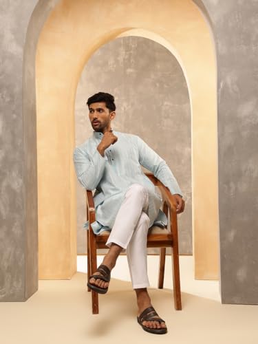 Image of SOJANYA (Since 1958 Men's Silk Blend Long Kurta with Subtle White Detailing | Traditional Ethnic Wear for Navratri