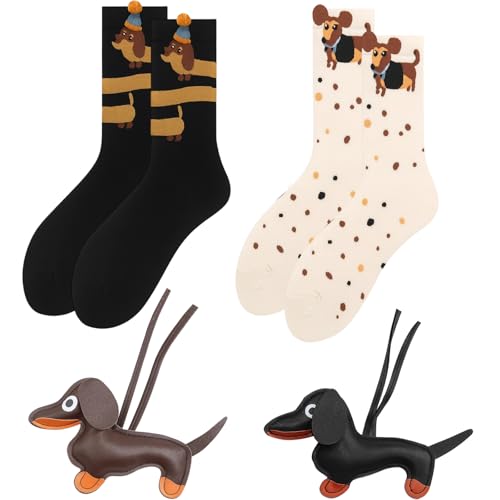 Yuwnd 2 Doppel Dackel Socken Damen 39-42 und 2 Stück Dackel Anhänger, Dackel Schlüsselanhänger für Tierliebhaber, Schlüsselanhänger Dackel Lustige Geschenke für Frauen Männer