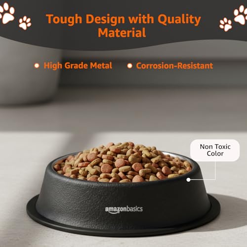 Image of Amazon Basics Stainless Steel Pet Feeding Bowls for Dog & Cats | Anti Slip Base | 2 Pcs Set | Canister & Pet Bowl in Black Color | Canister 1000 ml & Bowl 700 ml