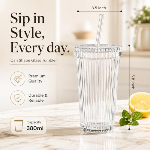 Image of Glass Tumblers with Wooden Lid and Glass Straw, 540ml, Borosilicate Glass, for Coffee, Iced Coffee, Juice and Smoothies, Coffee Mug, Sipper, Glass Tumbler (Transparent - Ribbed Glass)