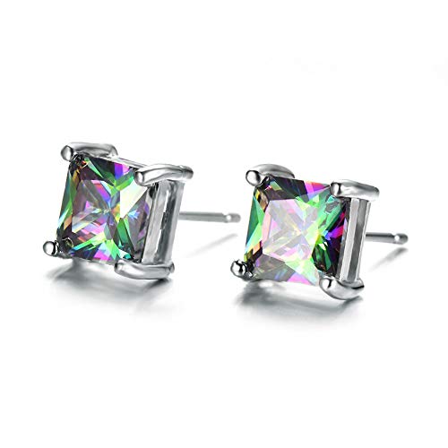 Jewelryamintra 6MM Gorgoue Shiny Square Cut Rainbow Mystic Topaz Gems Silver Stud Hook Earrings Jewelryamintra 6MM Gorgoue Shiny Square Cut Rainbow Mystic Topaz Gems Silver Stud Hook Earrings