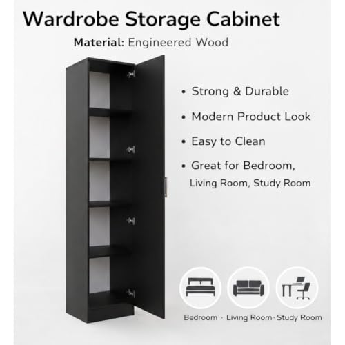 Image of Spyder Craft Engineering Woo Wardrobe for Clothes, Single Door Stylish Cupboard for Bedroom, Multi-Utility Design with Multirack Storage, Engineered Wood-Black