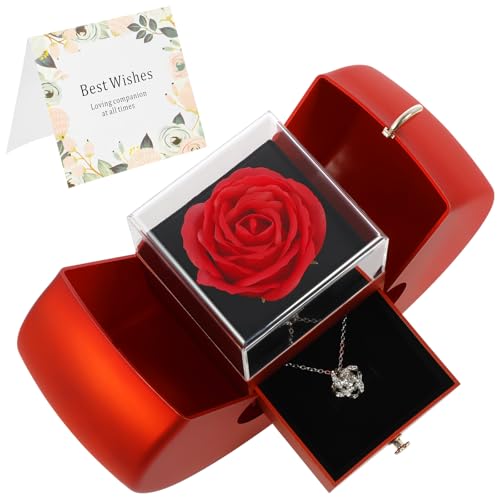 Colar de rosa vermelha artesanal preservada com clavícula oca, rosa real preservada, caixa de joias com colar para namorada, esposa, mãe, presente no aniversário de Natal, aniversário, plástico