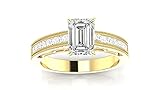 14K Yellow Gold 1.25 Carat LAB GROWN DIAMOND Channel Set Princess Cut Emerald Cut Diamond Engagement Ring with Milgrain (D-E Color VS1-VS2 Clarity 1 Ct Center)