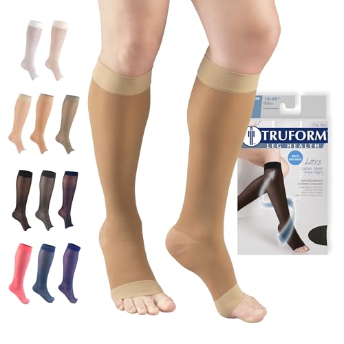 Truform Sheer Compression Stockings, 15-20 mmHg, Women's Knee High Length, Open Toe, 20 Denier...