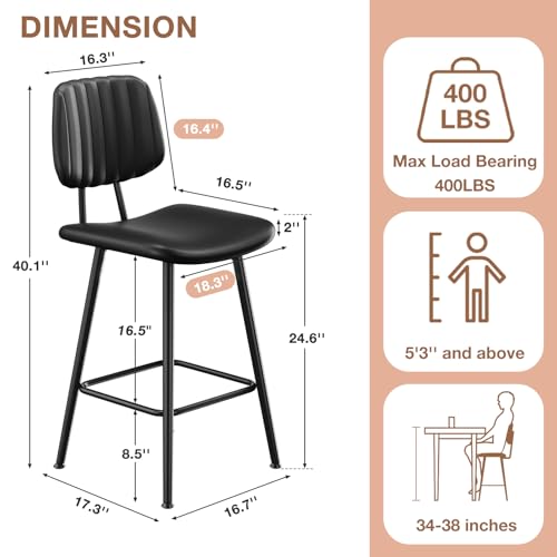 Image of Raynesys 24-Inch Leather Bar Stools Set of 4 with High Backrest, Black