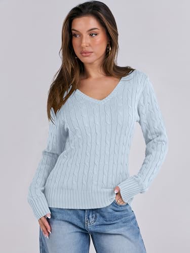 Image of ANRABESS Women's Cable Knit V Neck Fitted Sweaters
