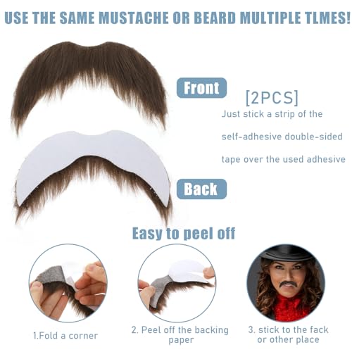 Tucnoeu 2 Stück Schnurrbart zum Ankleben Fake bart Schnurrbart für Cosplay Kostüme und Halloween Partys (Braun)