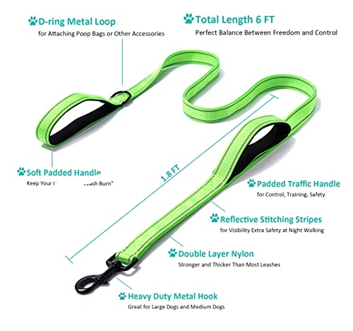 Image of Heavy Duty Dog Leash - 2 Handles by Padded Traffic Handle for Extra Control, 6foot Long - Perfect for Medium to Large Dogs (6 ft, Bright Green)