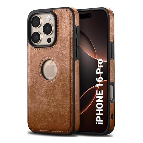 Image of Leather Case for Apple iPhone 16 Pro Premium Protective Stylish Slim Cover with Shockproof Raised Edges Brown