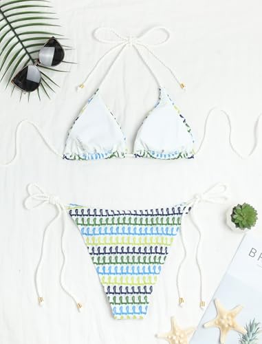 Image of ZAFUL 2 Piece Triangle Bikini for Women Knitted Rope Halter Bikini Sets Sexy Bathing Suit Side Tie Swimsuits Beachwear