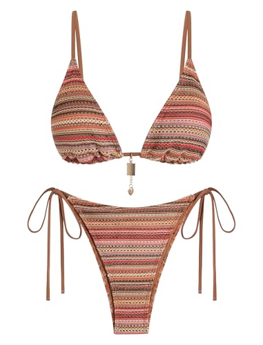 ZAFUL Pink BrownBikini Sets for Women Crochet...