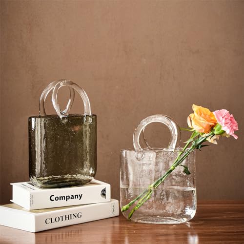 Glass Vase with Elegant Purse Design, Hand Purse Vase with Fish Bowl, Unique Flower Vase with Handle and Bubbles - for Home Decor/Office/Garden/Wedding Decor/Enterpiece/Events