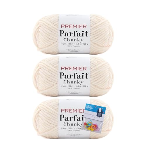 Image of Premier Yarns Parfait Chunky Chenille Yarn 3.5 Oz 6 Super Bulky Weight 3 Pack Bundle with Bella's Stitch Place Holders (Marshmallow)