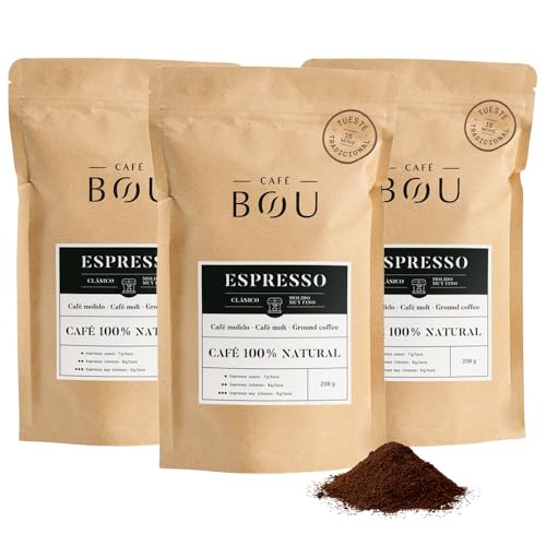 Café Bou - Café moído para expresso | 90% árabe e 10% robusto | aroma de chocolate | corpo e alta intensidade | torção média alta | Embalagem de 3 embalagens x 250 g