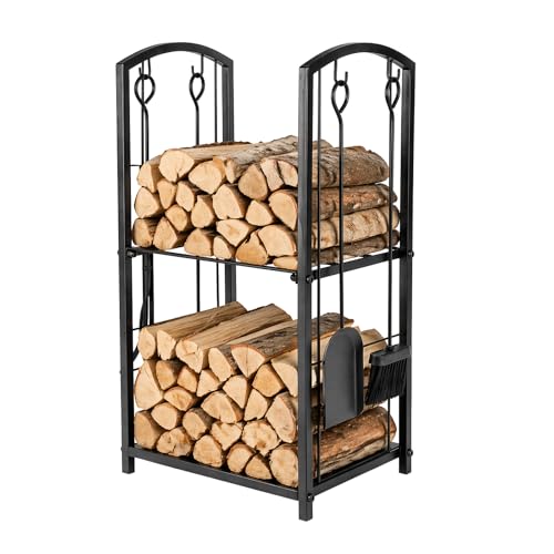 Image of SUNNYNEST Firewood Log Rack with Fireplace Tools, 2 Tier Metal Log Store Indoor Outdoor, 73 x 40 x 30 cm Wood Holder with Poker, Tongs, Shovel and Brush, Black