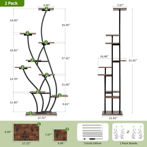 Image of Plant Stand Indoor with Grow Lights - Lighted Plant Shelf Indoor Tall, 61 inch 9 Tier Large Plant Stands for Indoor Growing, 2 Pack Corner Flower Shelf, Winged Metal Holder for Home Living Room, Black