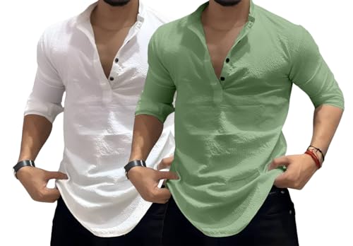 Image of MiraMichi Men's Cotton Blend Kurta | Kurta for Men Stylish Casual Short Kurta | Half Kurta Shirt Daily Use for Summer Season | Mandarin Collar Cotton Kurta's for Man Comfort