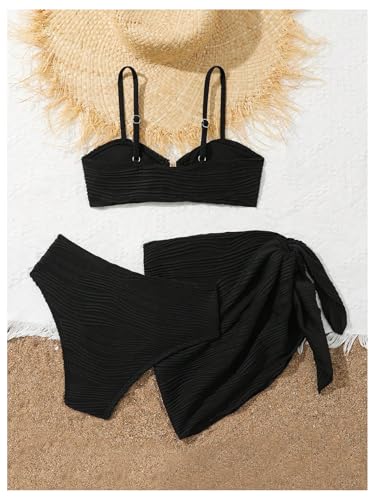 Image of SHENHE Girl's 3 Piece Swimsuit with Sarong Coverup Wrap Skirt High Waist Textured Bikini Set Black 13 Years