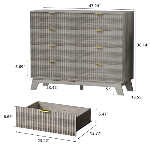 Image of HUANLEGO 48 inch W Tall Fluted Dresser for Bedroom with 8 Drawer, Grey | Mid Century Modern Dresser for Closet, Anti-Tipping Design, Wooden Dressers & Chest of Drawers for Living Room, Home Office