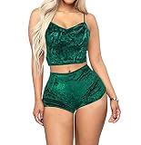 Loalirando Nachtwäsche Damen Sexy Set Schlafanzug Samt Kurz Träger Nachthemd Babydoll Pyjama Shorts Negligee Dessous (M, Grün)