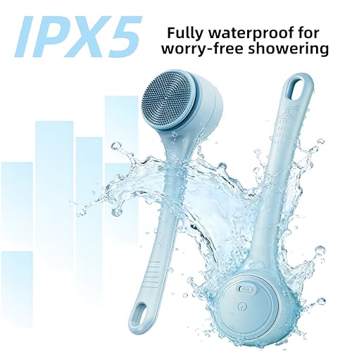 Electric Body Brush Back Scrubber for Shower, Waterproof Long Dual Handle Power Body Scrubber with 4 Heads, Rechargeable Bath Brush & 2 Speeds, for Cleansing, Exfoliating and Massaging Skin - Thumbnail 5